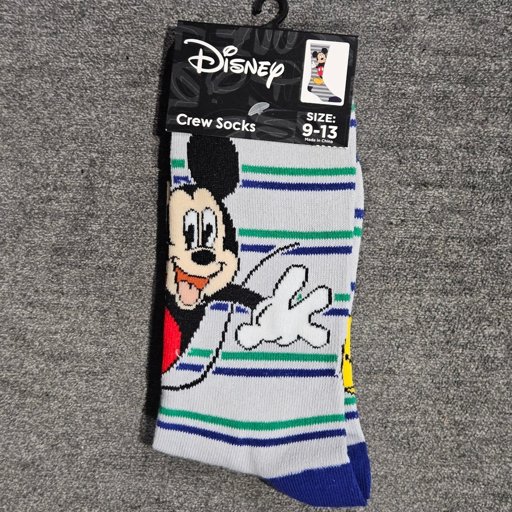 Disney Mickey Mouse Mens Crew Socks Gray Blue Green Striped Size 9-13 New 401019